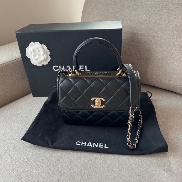 Chanel Handbags - CHANEL Black Lambskin Mini Trendy CC Flap Top Handle Bag Matelasse Leather Gold